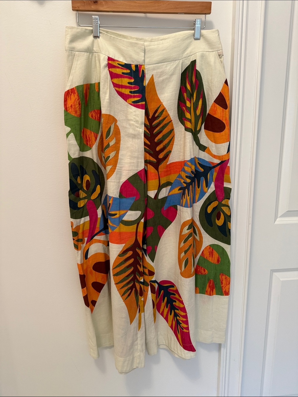 Farm Rio Tropical Leaf Print Linen Blend wide leg pants - Cream Base